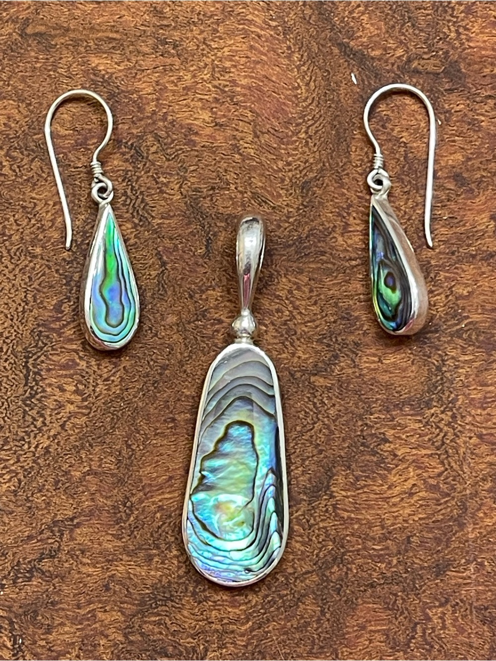 Vintage Sajen sterling silver abalone teardrop pendant & earring set bohemian